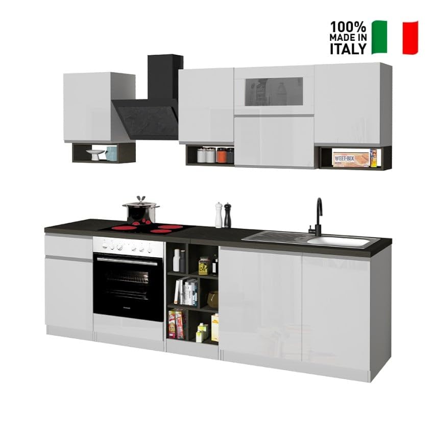 Cucina completa componibile design lineare stile moderno 256cm Essence - Bianco - Grigio