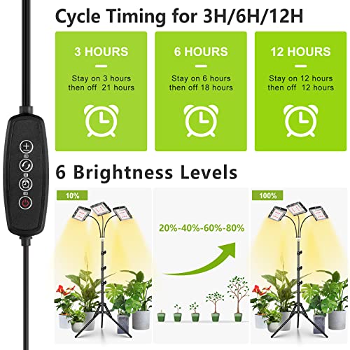 LORDEM Plant Grow Light with Stand, Full Spectrum LED Growing Lamp, Tri-Head with 3H/6H/12H Timer, 6 Dimmable Levels, 3 Lighting Modes, 15"-63" Adjustable Tripod