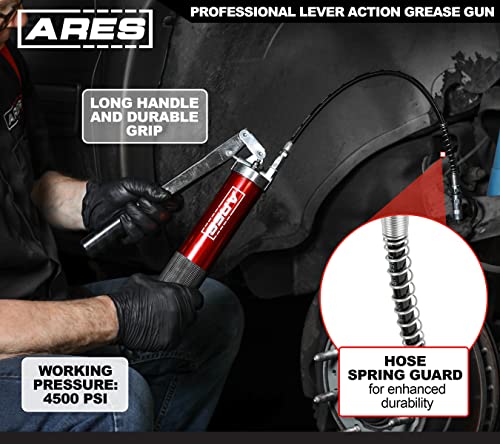 Image of ARES 53013 - Professional Lever Action Grease Gun - 400cc Bulk and 14 Ounce Cartridge Loading - 4500 PSI Working Pressure Rating - 18-Inch Flex Hose and 6-Inch Offset Extension