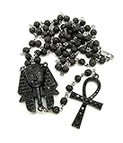 Fashion 21 Egyptian Pharaoh King Tut & Pave Ankh 6mm 30' Lava Stone Bead Rosary Necklace Jet Black Color