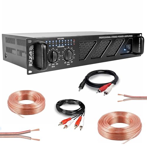 Ibiza Pack Ampli Sono Ibiza Sound 2 x 600W AMP800MKII - Câble HP Haut Parleur 3m - Câble RCA/RCA - Câble PC/RCA