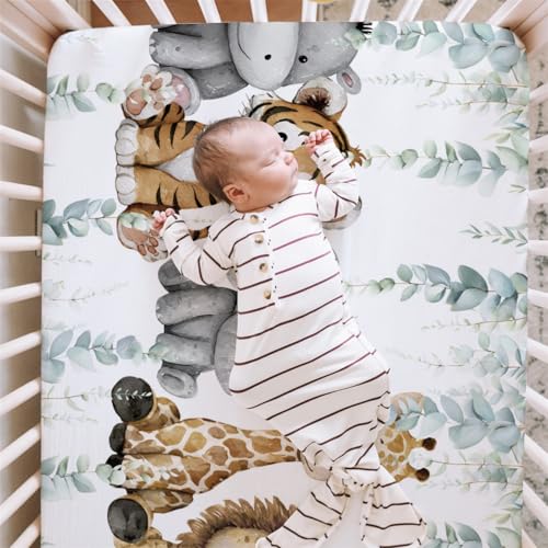Image of HawSkgFub Safari Jungle African Animals Eucalyptus Leaf Fitted Standard Baby Crib Sheet, Giraffe Lion Tiger Elephant Zebra Toddler Mattress Cover, Soft Stretchy Nursery Bed Sheets Kids Gift 52 inch x 28 inch