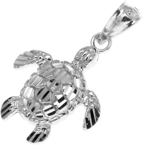 Arthur's Jewelry 14K solid white gold 12mm sparkly diamond cut Hawaiian sea turtle honu charm pendant