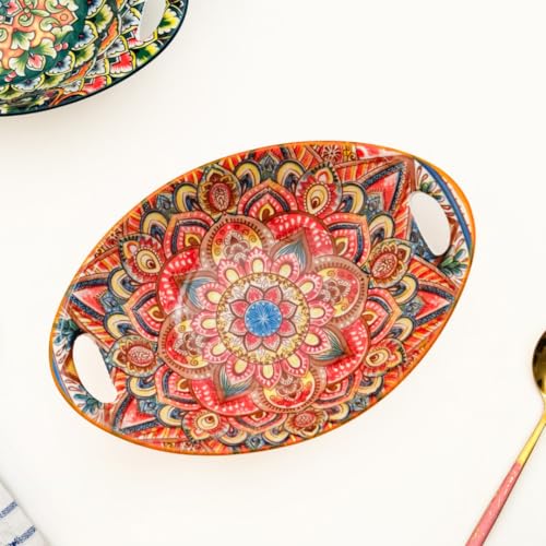 Image of Nestasia Mandala Ceramic Serving Bowl with Handles (400 ml) - Microwave & Dishwasher Safe Pasta Bowl | Floral Bowl with Glossy Finish - Ideal for Soup, Curries, Snacks, Salad & Noodles (Orange)