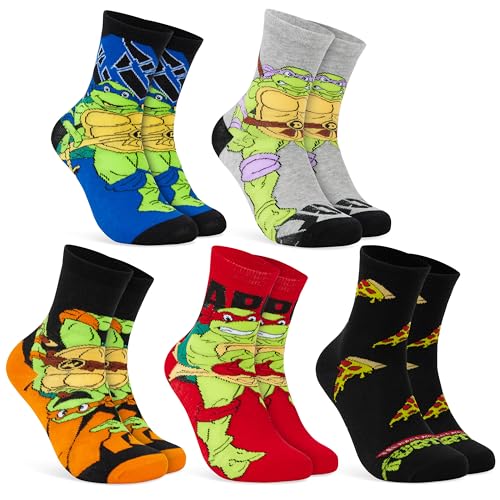 Get Trend Teenage Mutant Ninja Turtles Chaussettes Enfant et Ado, Lot de 5 Paires en Coffret Pizza, Chaussettes Fantaisie (6-9 Ans, 30/35 EU, Multi TMNT)