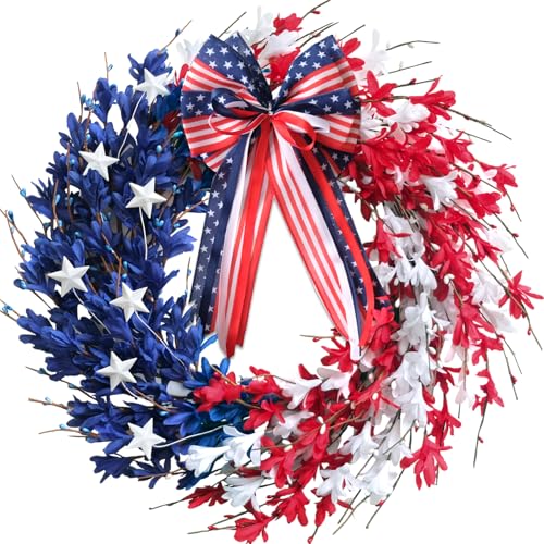 Bibelot 20inch Red White Blue Artificial Forsythia Flower Wreath American Flag Floral Wreaths Patriotic Decorations Wreath 4th of July Independence Day Memorial Day Flag Day Hanging Decoration