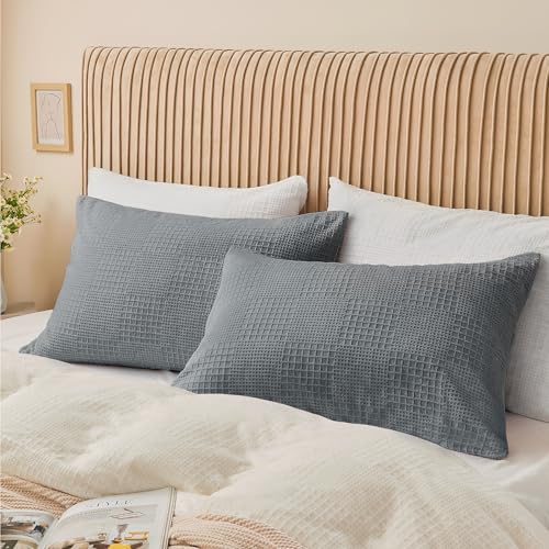 Image of BEDELITE Flannel Pillowcases Standard Set of 2, Grey-Waffle, 20x26 Inches