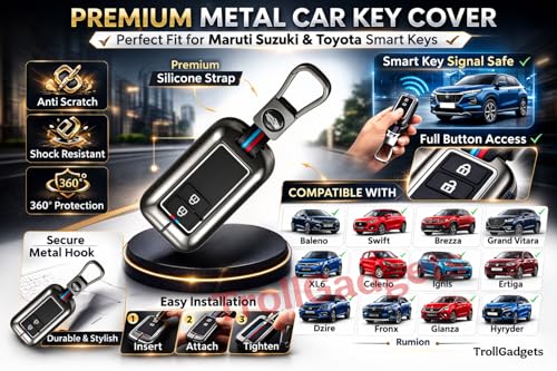 Image of Trollgadgets Premium Metal Car Key Cover for Maruti Suzuki & Toyota Smart Key | Compatible with Baleno, Swift, Dzire, Brezza, Fronx, Grand Vitara, XL6, Ertiga, Celerio, Ignis, Glanza, Hyryder, Rumion
