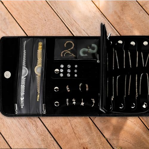Bolsa enrollable de joyas pequeña organizador plegable de PU negro 6