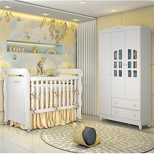 Quarto de Bebê Provençal Lisa Berço Mini Cama Guarda Roupa Infantil 3 Portas Branco Carolina Baby