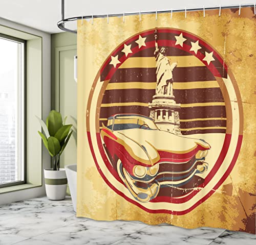 ABAKUHAUS Vintage Car Shower Curtain, Vintage Car Image American of Liberty on Old Paper Print - Image 4