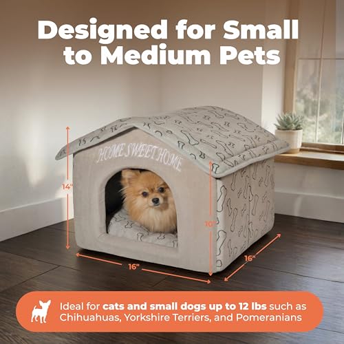 Image of Best Pet Supplies Cat Bed for Indoor Cat, Domed Tent House with Removable Pillow, Covered Cat Cave for Small Dog, Puppies and All Breeds of Cats - Light Brown w / Bones, 16 x 16 x H:14 inch
