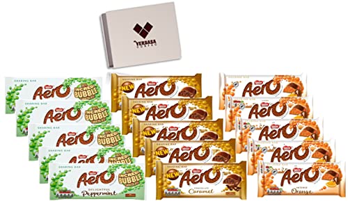 Nestle Aero Variety Chocolate Peppermint Mint, Caramel & Orange Sharing Bars 90g - 15 FULL SIZE Chocolate bars of British Premium Chocolate from the UK in British Box and a Verbasa Candy