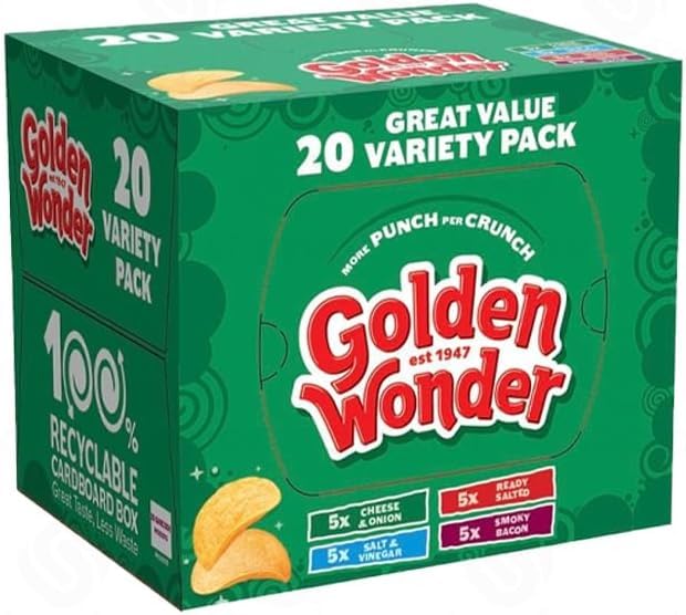 Golden Wonder Crisps Variety Pack 20 Bags Mixed Flavours Multipack (Cheese & Onion Ready Salted Salt & Vinegar Smoky Bacon) | Lunchbox & Sharing Snacks Perfect for Parties by HTL Party Box