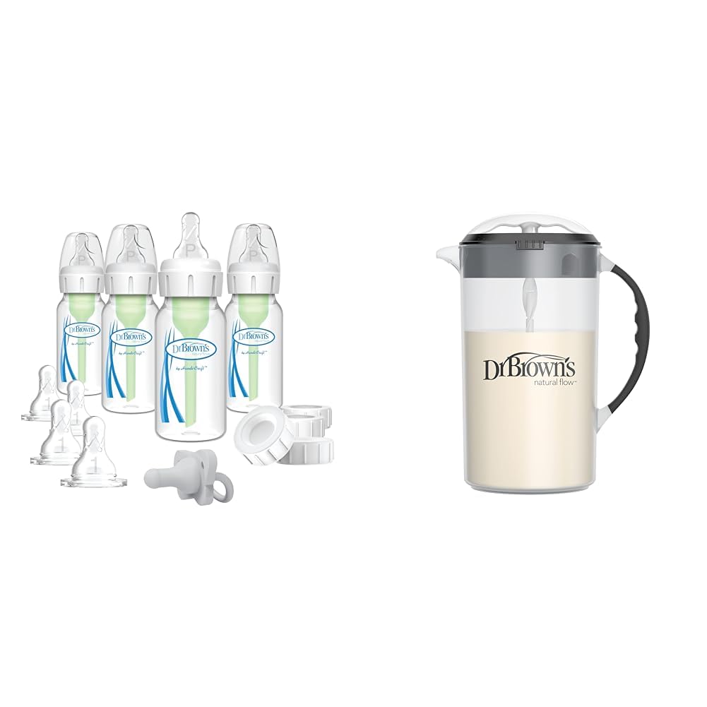 Dr. Brown's Anti-Colic Breast to Bottle Feeding Set with Slow Flow Nipples & Formula Mixing Pitcher with Adjustable Stopper, 36oz