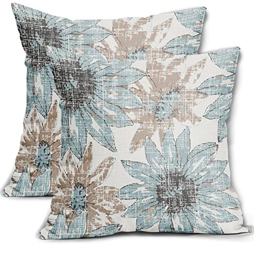 Housses de coussin lin bleu clair marron 50x50 déco florale rétro extérieur