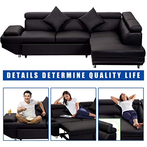 Fdw Sofa Sectional Futon Sofa Bed Sofa For Living Room Couches And Sleeper Sofa Pu Leather Sofa Set Corner Modern Queen 2 Piece Contemporary Upholstered，Black #TOP1