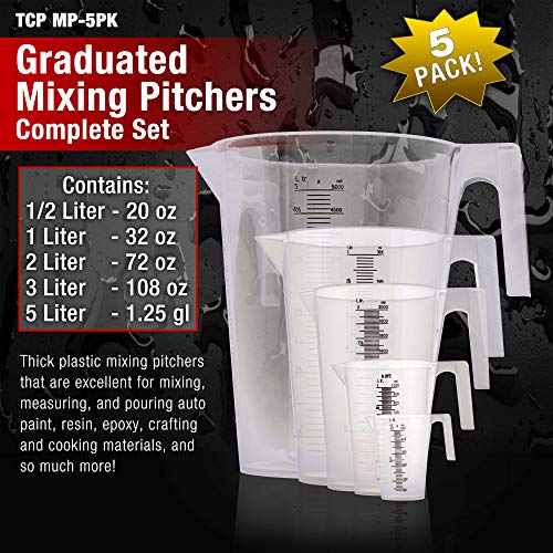 Tcp Global 5 Piece Set Of Plastic Graduated Measuring And Mixing Pitchers - 500, 1000 Quart, 2000, 3000, 5000 Ml Gallon Sizes - Pouring Cups, Measure & Mix Paint, Resin, Epoxy, Kitchen Cooking Baking #TOP1