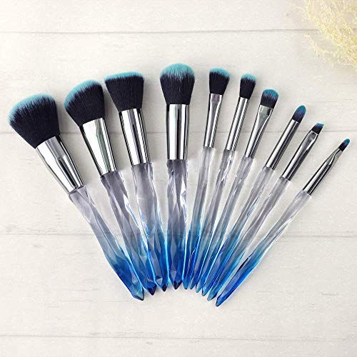 Crystal Makeup Brushes, Premium Synthetic Foundation Blending Blush Powder Eye Shadow Brush Sets with Blue Transparent Handle Special Make-up Tools 10 Count