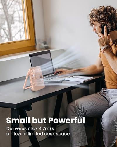 Image of Koonie USB Desk Fan, Strong Wind Ultra Quiet Small Mini Fan | 180 Tilt Folding & 3 Speeds Adjustable, USB-C Corded Powered Personal Fan for Office Desktop Bedroom, Pink, NO BATTERY
