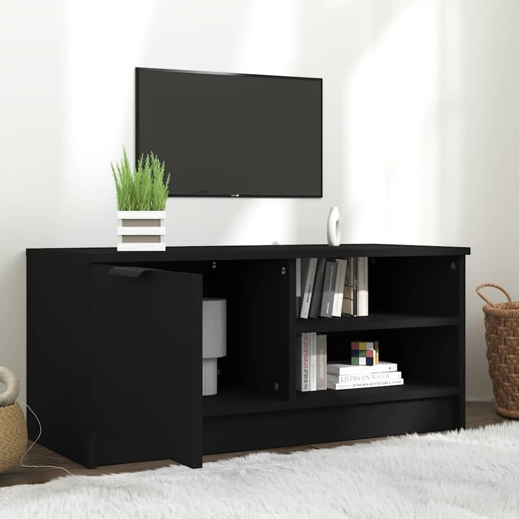Hothingwell Szafka pod telewizor drewno inżynieryjne czarne 80x35x36,5 cm | Przegroda i 2 półki, schowek na DVD, konsoly, wytrzymały blat do dekoracji