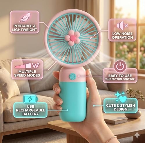 Image of Portable Handheld USB-C Rechargeable 3 Adjustable Speeds Mini Fan for Home Office & Outdoors (Sky Blue)