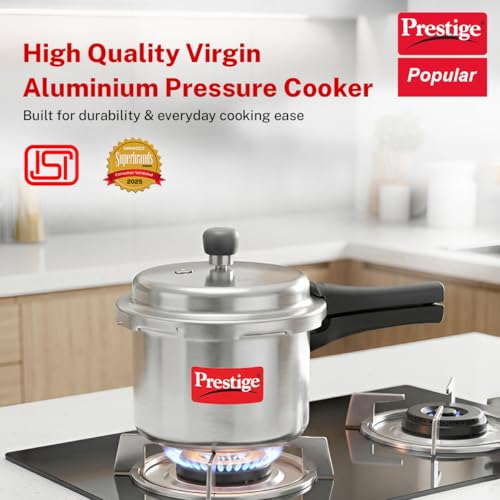 Image of Prestige 3 Litre Aluminium Popular Outerlid Pressure Cooker | Virgin Aluminium| Gas Compatible|Controlled Gasket Release System|5 years warranty|ISI Certified