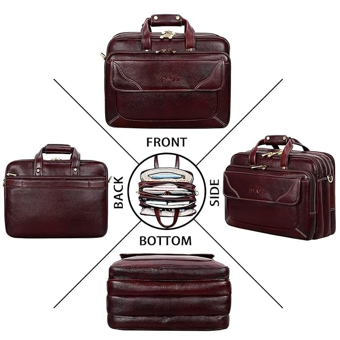 Image of Full-Grain Natural Genuine Pure Orginal Leather Office Briefcase Laptop Messenger Shoulder Bags For Mens Man Office Use 15.6 Inch cabin szie travelling Size-L-16'' X H-12'' X W- 6''