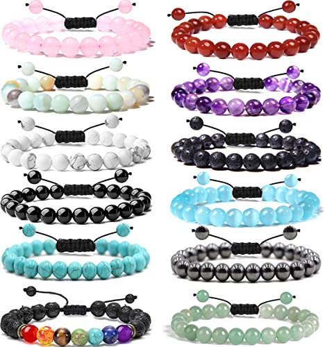 Jewpark 12 Pcs 8Mm Semi-Precious Gemstone Bracelet Set Healing Crystal Stone Bracelets For Men Women Round Beaded Adjustable Macrame Bracelets #TOP18