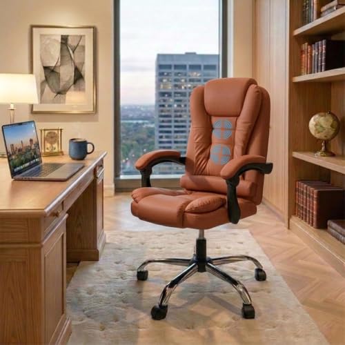 Image of Casa Copenhagen Italia Premium Leatherette Office Chair for Work | Boss Chair, Ergonomic Executive, Luxurious Cushioned Arms & Seat, 2 Point Back Massager, Heavy Duty Metal Base (Mud Brown)