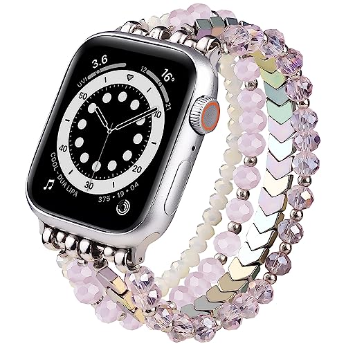 Image of MOFREE Beaded Bracelet Compatible with Apple Watch Band 38mm /40mm /41mm /42mm, Fashion Elastic Stretch Women Bands for iWatch Series 11 /10 /9 /8 /7 /SE /6 /5 /4 /3 /2 /1 iPhone Watch Strap Bands Pink