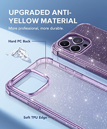 Berfy Glitter Case For Iphone 14 Pro Max, With 2Pcs Screen Protector+2Pcs Camera Protector, [Non-Yellowing] Clear Bling Sparkle Cute Shockproof Phone Case For Women, 6.7 Inch Cover, Clear Purple #TOP5