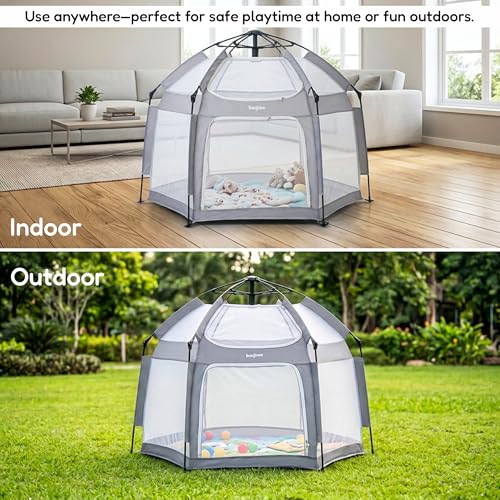 Image of Baybee 140 x 110 Cm JoyNest Kids Playpen for Babies Up to 5 Years | Foldable Playard for Babies with Mosquito Protection & Zipper Lock | Baby Indoor & Outdoor Play Area Setup with Hexagon shape for Extra Space (Light Grey)
