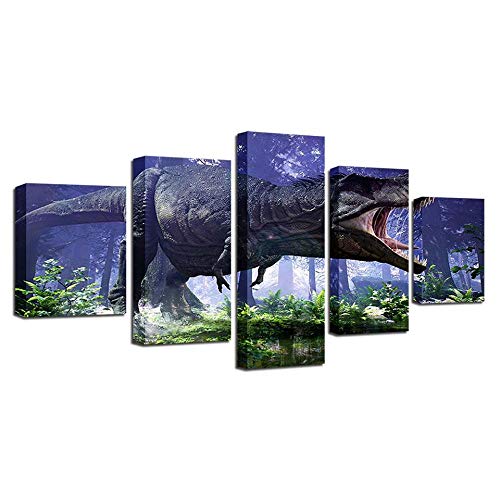Toile Tyrannosaure rugissant en 5 pièces pour décoration murale moderne salon