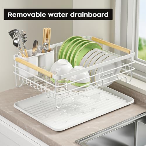 jouzevic Dish Racks for Kitchen Counter: Wooden Handles, Thickened Metal, No Assembly. Small Dish Drying Rack: Ideal for Small Households. Drying Rack Kitchen: White — view 4