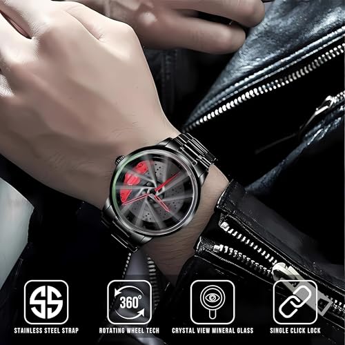 Image of HORAME 42mm Car Alloy Wheel Watch For Men, Gyro Wheel Rolling Watch For Men With Snap Lock Black Steel Chain, 30M Waterproof Round Metal Rim Rotating Watches, Analog RS7 Spinning Car Watches For Boys (Red)
