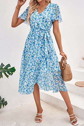 Image of PRETTYGARDEN 2023 Women's Floral Summer Dress V Neck Short Sleeve Ruffle Hem A-Line Boho Maxi Dresses