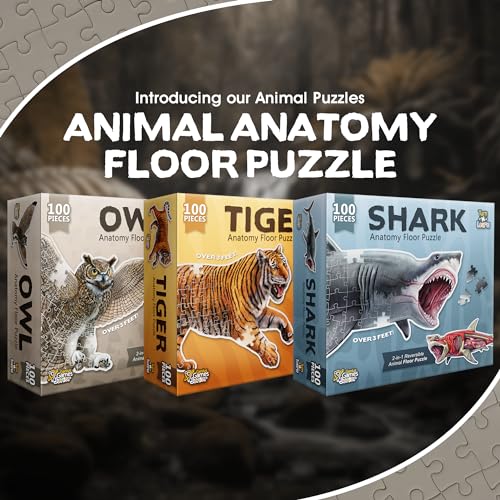 Tiger, Shark and Owl Animal Anatomy Floor Puzzle | 100-Piece Double Sided Jigsaw Puzzle | Scientifically Accurate Illustration - Fun and Educational Toy for Kids and Toddlers (Tiger, Owl, and Shark) - Image 3