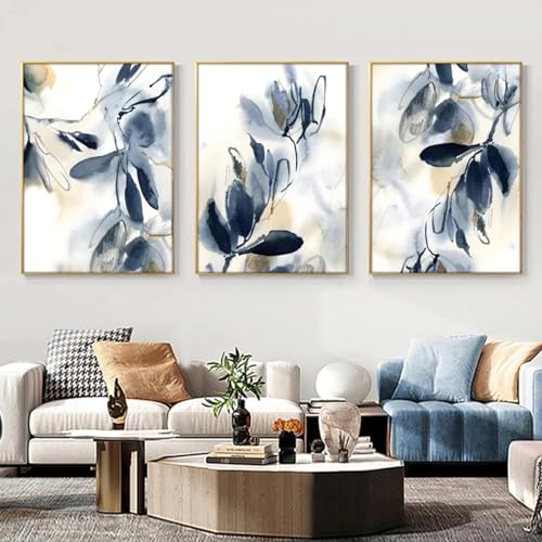 Tableau bleu aquarelle de 3 pièces abstraites pour la décoration moderne du salon