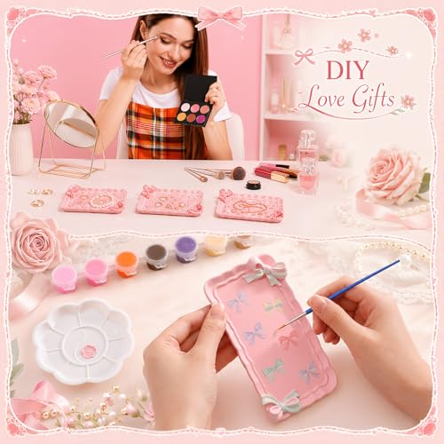 Image of Zubebe 6 Set Ceramics to Paint Rectangle Bow Jewelry Tray Kit Ready to Paint Ceramics Ring Dish Holder DIY Unpainted Plate Trinket Dish Tray Crafts with Brush Palette for Mothers Day Valentine Wedding