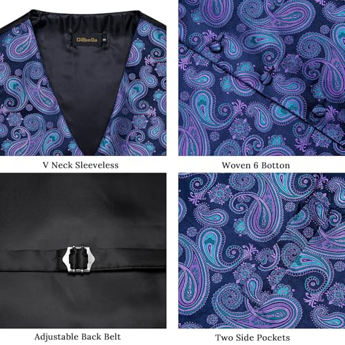 Image of DiBanGu Mens Vest and Tie Set Formal Paisley Waistcoat and Necktie Pocket Square Cufflinks Silk Suit Vest for Tuxedo Wedding