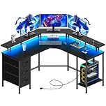 Seventable L-Shaped Gaming Desk, Corner Computer Desk with LED Lights & Power Outlets, 3 Fabric Drawers & Storage Shelf, Writing Table for Home Office, PC Gaming (Black, 135 x135 x 88cm)