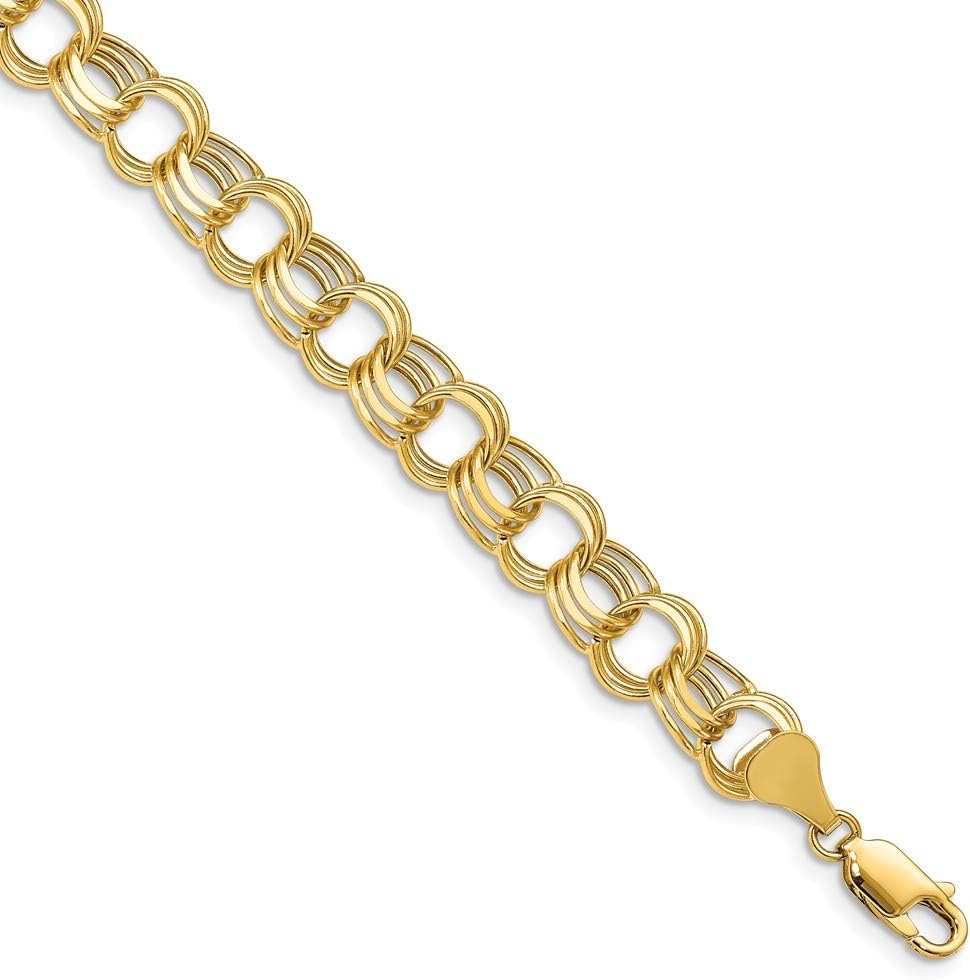 Real 14kt Yellow Gold Lite 8.5mm Triple Link Charm Chain Bracelet; 7 inch; Lobster Clasp