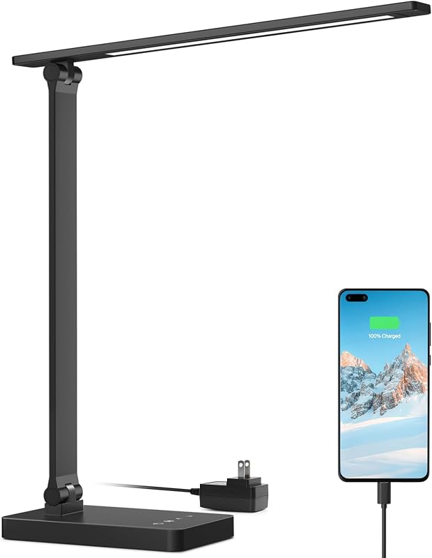 Lámpara de Escritorio con Puerto de Carga USB para Oficina en Casa, 650LM 9.5W, Negro | Luz de tarea regulable, 5 colores y 5 brillos, lámpara de mesa que cuida los ojos para dormitorio, costura, manualidades, lectura, uñas, borradores