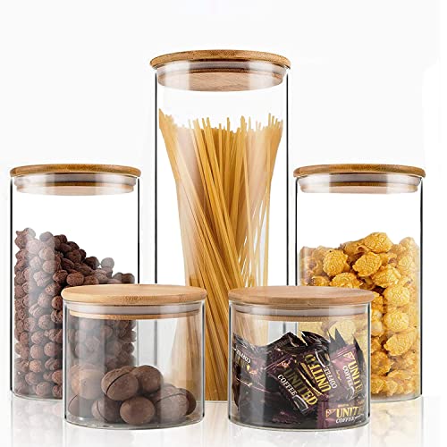 Glass Food Storage Jars Set of 5,Glass Storage Containers Clear Glass