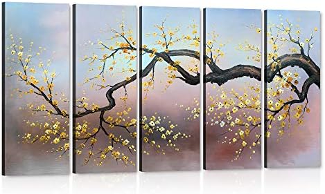 Oufeiyan Modern Abstract Yellow and White Blossom Black Tree Grey Background Wall Art Picture 5 Panels Paintings Prints on Canvas for Living Room Home Decor Framed Blooming Life Artwork