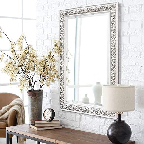 Shabby Chic Wall Mirror - 90 x 60 cm - Large French Vintage Style Mirror - Antique White and Silver