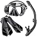 Zestaw do snorkelingu, okulary do nurkowania dla dorosłych ze szkła hartowanego płetwy maska do nurkowania pełna sucha rurka do nurkowania z rurką trzyczęściowy garnitur,Black,S/M