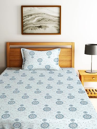 Image of Home Sizzler 144TC Daisy Dreams Light Blue Floral Single Bedsheet with 1 Pillow Cover
