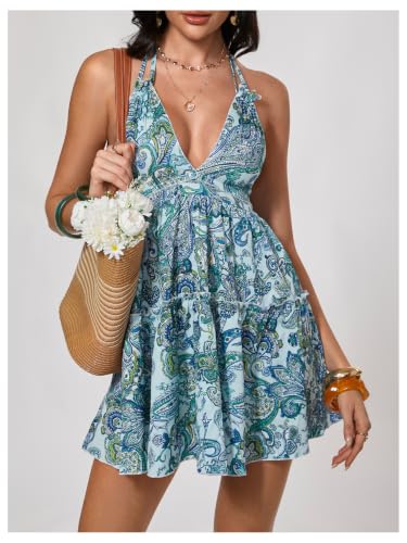 Image of SOLY HUX Women's Summer Boho Paisley Print Halter Dress Deep V Neck Tie Backless Sleeveless Mini Dresses Sundress